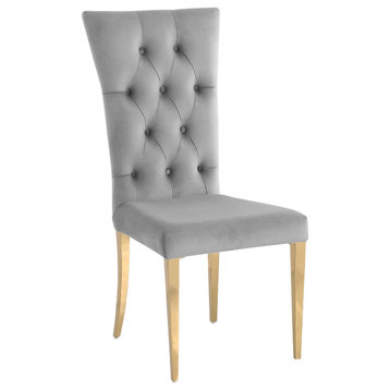 Trinidad Velvet Button Tufted Dining Chair, Set of 2, Grey/Gold