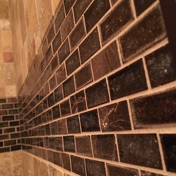 Mini-Versailles Scabos Travertine and Crackled Glass and Stone Brick Shower