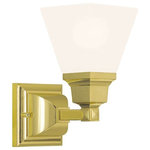 Livex Lighting - Mission Bath Light, Polished Brass - The Mission collection has clean lines with geometric forms. This one light bath fixture with etched opal glass is finished in polished brass. Square bar style arms elevate the glass.