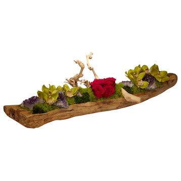 Amethyst Log With Roses in Hand Carved Wood Log