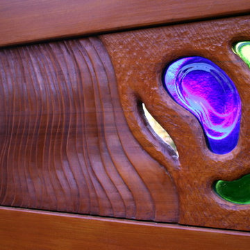 Old growth cypress garden gate with fused glass