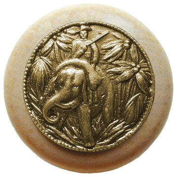 Jungle-Patrol Natural Wood Knob, Clear Finish With Antique-Style Brass