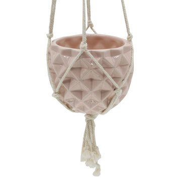 5x5" Ceramic Macrame Hanging Planter, Pink