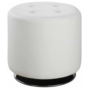 Round Leatherette Swivel Ottoman With Tufted Seat, White And Black
