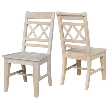 Set of 2 Dining Chair, Rubberwood Frame With Cut Out Double X-Back, Unfinished