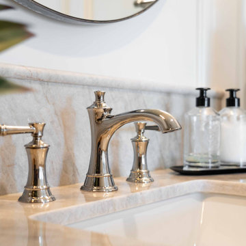 Polished Nickel Widespread Faucet with Marble Mosaic Backsplash - La Jolla