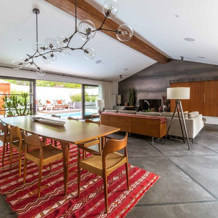 ダラスのミッドセンチュリースタイルのLDKの画像 (白い壁、コンクリートの床、グレーの床)