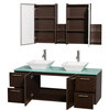 Amare 60" Espresso Double Sink Vanity With Green Glass Top and Medicine Cabinet
