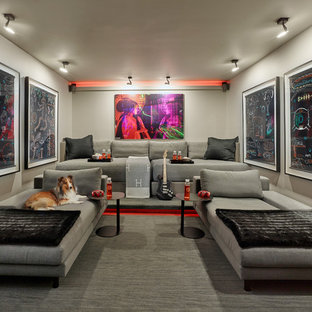 Design ideas for a contemporary enclosed home cinema with grey walls, carpet and grey floors.