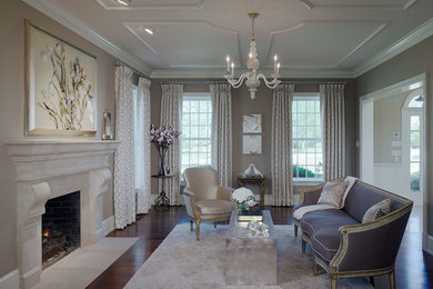 Example of a large classic formal and enclosed medium tone wood floor and brown floor living room design in Philadelphia with a standard fireplace, brown walls and a stone fireplace