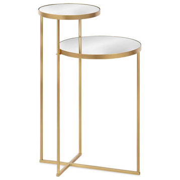 Modern Glam Side Table, Metal Frame With 2 Staggered Tabletops, Mirror/Gold