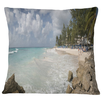 Barbados Island White Seashore Modern Seascape Throw Pillow, 16"x16"