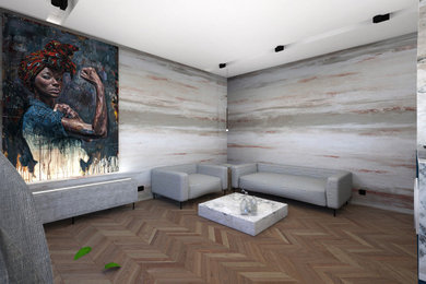 Grey modern open space living room interior