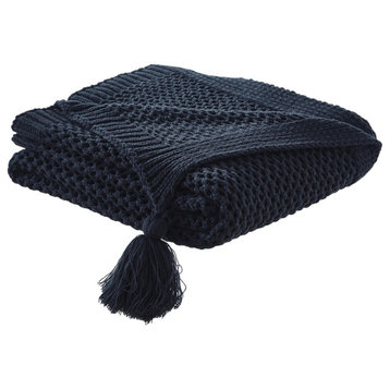 Navy Blue Knitted Acrylic Solid Color Throw Blanket