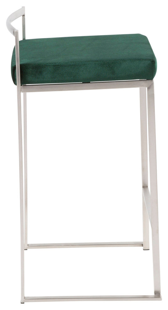 LumiSource Fuji Counter Stool Set of 2, Green Velvet Cushion, Steel Frame