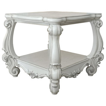ACME Versailles Square Wood End Table with Bottom Shelf in Bone White