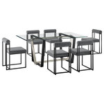 Armen Living - Kai Anastasia Glass Dining Table 7-Piece Set, Black Iron, Gray Fabric - Give a sophisticated upgrade to your dining area with the Kai Anastasia Dining Set by Armen Living. This set includes 1 Kai Rectangular Glass Dining Table with Metal base and 6 Anastasia Upholstered Dining Chairs. The crisp and clean-lined design of our dining set offers modern drama and elegance. The rectangular, glass tabletop beautifully balances on a streamlined metal base. The sharp angles and contrasting finishes lend a touch of polish and definition to our dining table. It serves as a brilliant complement to our Anastasia dining chairs. The Anastasia's cushioned backrest and padded seat showcase a neat channeling detail that provides texture for a chic and inviting look. Creating a beautiful contrast with the sleek frame and comfortable cushions, these dining chairs are set to make a stylish impact. The chair is upholstered in performance fabric or smooth faux leather to offer easy care and maintenance. Together, this dining set can bring an elevated tone to your kitchen, dining room, or living space. It serves as the perfect spot to enjoy dinners, engaging conversations, and activities. With sturdy construction and high-quality materials, our dining set will continue to bring style and comfort to your home. The Kai Anastasia 7 Piece Rectangular Glass Dining Table Set is available in matching finishes and a variety of colors, or sold separately to achieve any look you desire.
