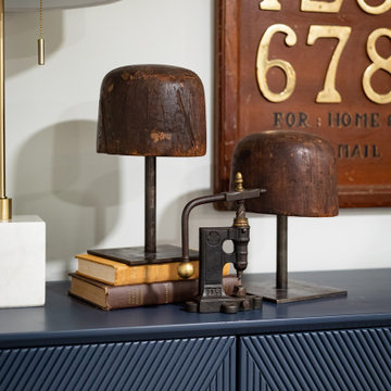 Retro Record Player Basement with Blue Accent Wall