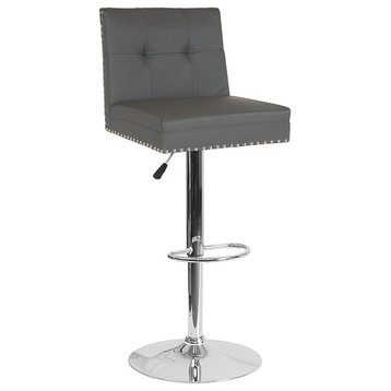 Contemporary Adjustable Height Barstool With Accent Nail Trim, Gray Leather
