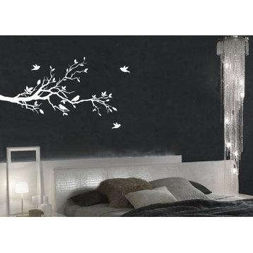 Tree Branches and Love Birds, Vinyl Sticker, 56"x28", White, Left to Right