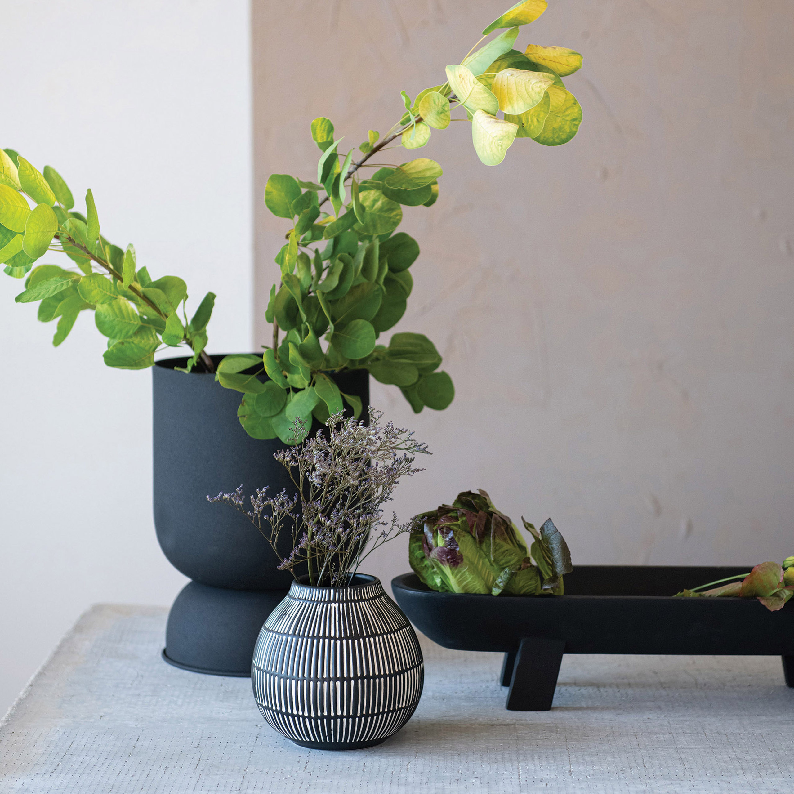 Debossed Stoneware Vase, Black/White