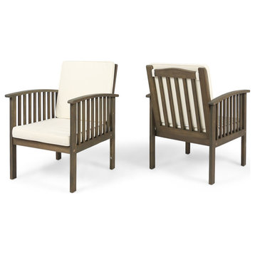 GDF Studio Ray Acacia Outdoor Acacia Wood Club Chairs, Set of 2, Gray Finish/Cream