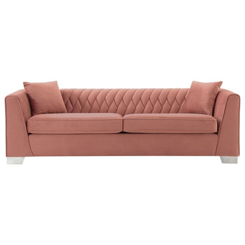 Armen Living Cambridge Tufted Back Velvet Sofa in Blush/Brushed Stainless Steel