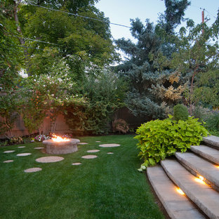 Cette image montre un jardin design avec un foyer extérieur et une pente, une colline ou un talus.