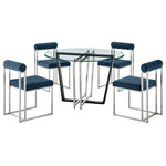 Armen Living - Devi Anastasia Round Brushed Steel and Blue Glass Dining Table 5-Piece Set - Bring luxury and comfort to your dining experiences with the Devi Anastasia 5 Piece Dining Set by Armen Living. This dining set includes 1 Devi Round Glass Dining Table with Metal base and 4 Anastasia Dining Chairs in Fabric and Metal. Featuring an elegant mix of materials, our dining set offers an abundance of polish and sophistication. The 48" round, glass top of the dining table floats upon an angular and clean-lined base. The metallic base utilizes contrasting finishes for elevated drama and modern elegance. It serves as a stunning complement to our sleek and charming Anastasia dining chairs. A cylindrical cushion is beautifully balanced upon its airy frame to offer comfortable back support. Its cushioned backrest and padded seat showcase a neat channeling detail that provides texture for a chic and inviting look. The Anastasia chair is upholstered in performance fabric to offer easy care and maintenance. Altogether, this dining set becomes a sophisticated centerpiece for your kitchen, dining, or living space. These pieces can effortlessly provide the grandeur and comfort for anything from your casual to formal meals. Featuring premium materials and quality craftsmanship, our dining set can loyally serve you for years to come. The Devi Anastasia 5 Piece Round Glass Dining Table Set is available in matching finishes and a variety of colors, or sold separately to achieve any look you desire.