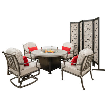 Bel Air 5-Piece Lounge Chairs With Round Fire Table, Pillows and Screen