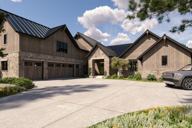 Large transitional brown two-story wood exterior home photo in Denver with a metal roof and a black roof