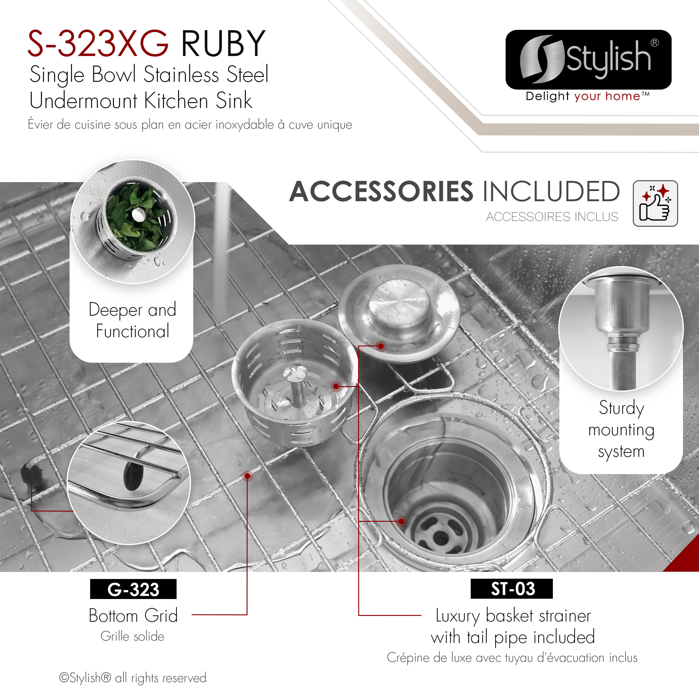 STYLISH 32''L x 18''W Undermount Single Bowl 16G Stainless Steel Kitchen Sink