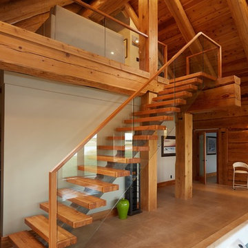 Oak and Fir Mono-Stringer with Pass Through Glass Panel Railing