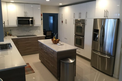 Minimalist l-shaped ceramic tile eat-in kitchen photo in Detroit with an undermount sink, flat-panel cabinets, white cabinets, quartzite countertops, gray backsplash, mosaic tile backsplash, stainless steel appliances and an island