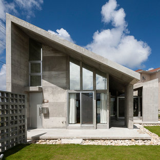 他の地域のインダストリアルスタイルのおしゃれな二階建ての家 (コンクリートサイディング、グレーの外壁、片流れ屋根、戸建) の写真