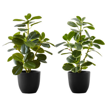 Artificial Plant, 14" Tall, Ficus, Indoor, Table, Potted, Set of 2, Green Leaves