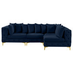 Meridian Furniture - Tremblay Modular Sectional, Navy, L-Shaped, 4-Piece: Armless (2), Corner (2) - Lean back and relax on this Tremblay sectional. Featuring soft navy velvet upholstery with deep button tufting, this sectional adds a bold touch to any living space. A complete set of gold and chrome legs are included, so you can change it up to suit your home decor. This sectional is modular, so you can create infinite configurations with it, which are easily attached using the latch underneath the frame. Its contemporary design is perfect for the modern home.