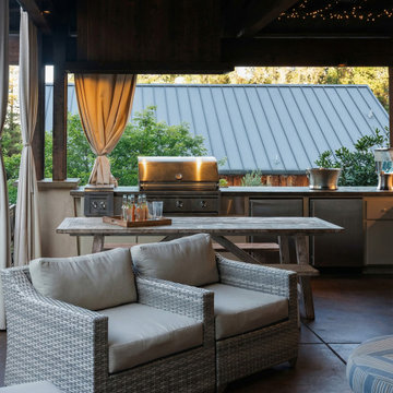 Covered outdoor lounge with woven seating in Northern California