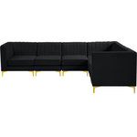 Meridian Furniture - Alina Velvet Modular L-Shaped Modular Sectional, Black, 6-Piece: 3 Armless Chair, 3 Corner Chair - Bring modern beauty to your space with the addition of this Alina Velvet Modular sectional. This beautiful sectional features deep channel tufting to ramp up its visual interest and add to its resilient demeanor. Its soft black velvet upholstery blends nicely with existing elements in your room and is sleek to the touch, making this seat a super comfortable one. Part of the modular Alina collection, this sectional has a latch that attaches it to other pieces to create your custom seating arrangement.