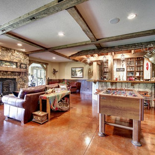 Rustic walk-out basement in Minneapolis with brown walls, concrete flooring, a standard fireplace, a stone fireplace surround and red floors.