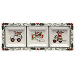 Cosmos Gifts Corp - 3-Section Plate - Serve snacks and desserts during the holiday season using the festive 3-Section Plate. Made from hand-painted ceramic, this 3-section plate features images of Santa driving a car, piloting an airplane, and riding a scooter.