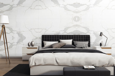 Large grey and white bedroom in Other with white walls, porcelain flooring and white floors.
