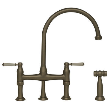 Faucet, Long Gooseneck Spout, Porcelain Lever Handles, Brass Side Spray