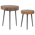 Uttermost - Samba Nesting Tables, Set of 2 - Thick slabs of cross cut reclaimed elm wood, showcasing their natural wood grain atop cast iron legs finished in aged steel featuring a chiseled texturing. Because of the nature of natural crosscut logs, each piece will vary slightly in diameter, as well as feature natural splitting and holes. Solid wood will continue to move with temperature and humidity changes, which can result in cracks and uneven surfaces, adding to its authenticity and character. Sizes: Sm-14x18x14, Lg-18x22x19