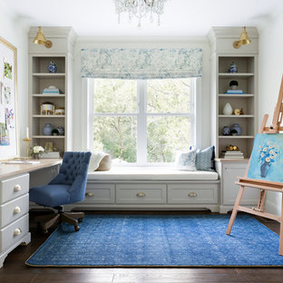 Inspiration för klassiska hemmastudior, med vita väggar, mörkt trägolv och ett inbyggt skrivbord