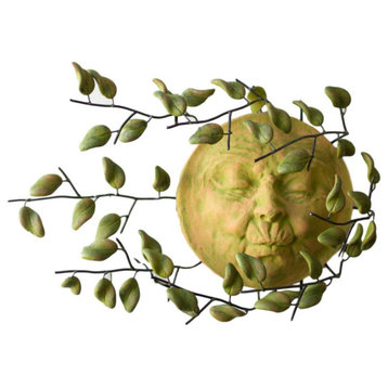 Celestial Clay Yellow Sun Face Windswept Green Leaves Wall Sculpture Art