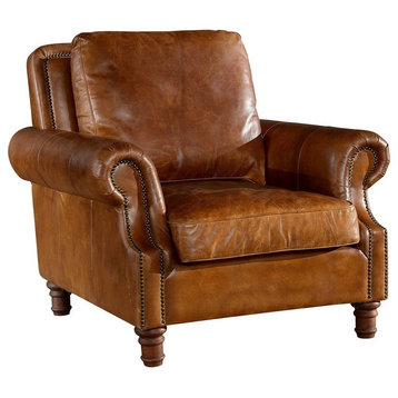 Leather English Rolled Arm, Arm Chair, Light Brown Leather