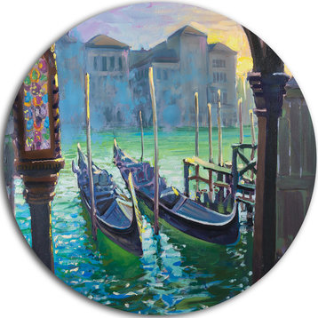 Gondolas In Venice, Landscape Painting Round Metal Wall Art, 36"