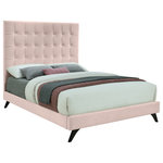 Meridian Furniture - Elly Velvet Upholstered Bed, Pink, Full - Crawl into this cozy Elly pink velvet full size bed for a restful night's sleep. The deep button tufting on its tall headboard provides a soft, pillowy surface to lean against for nighttime reading or watching TV. Supported by angled wood legs with an espresso finish, the side rails and footboard are also comfortably padded and upholstered. Contemporary styling ensures that this bed will integrate nicely into any existing decor.