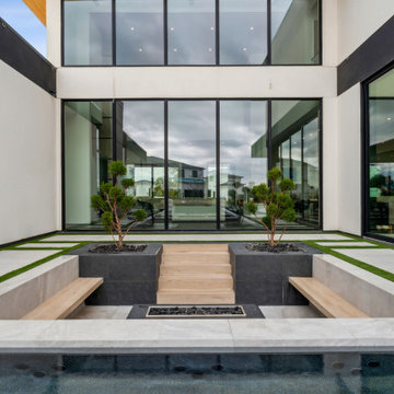 Modern Geometric Pool with Floating Steps & Fire Lounge – Radelli Designs
